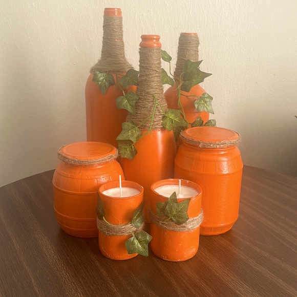 Other - Orange table fall decor- set of 7- new- handmade includes 2 soy candles